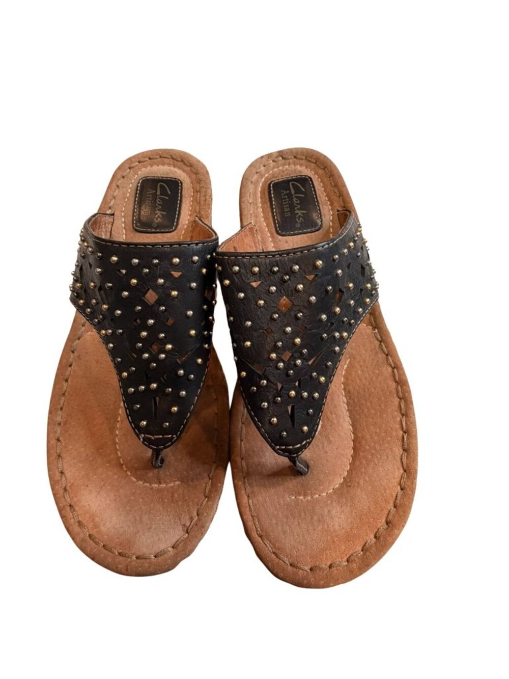 Clarks Artisan Comfort Black Studded Leather Boho Thong Sandals 7.5M